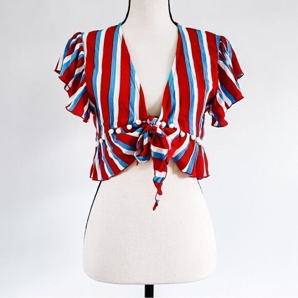 Lovers and Friends Waves For Days Crop Top Ruffle Sleeve Americana Stripe Sz S - Picture 3 of 7